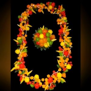 Vtg Retro 3D Chunky Fruit Salad 16" Necklace & Brooch Estate Statement Jewelry